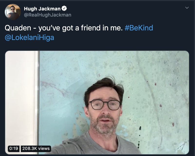 Hugh Jackman hälsning till Quaden. Hugh Jackman hälsning till Quaden.